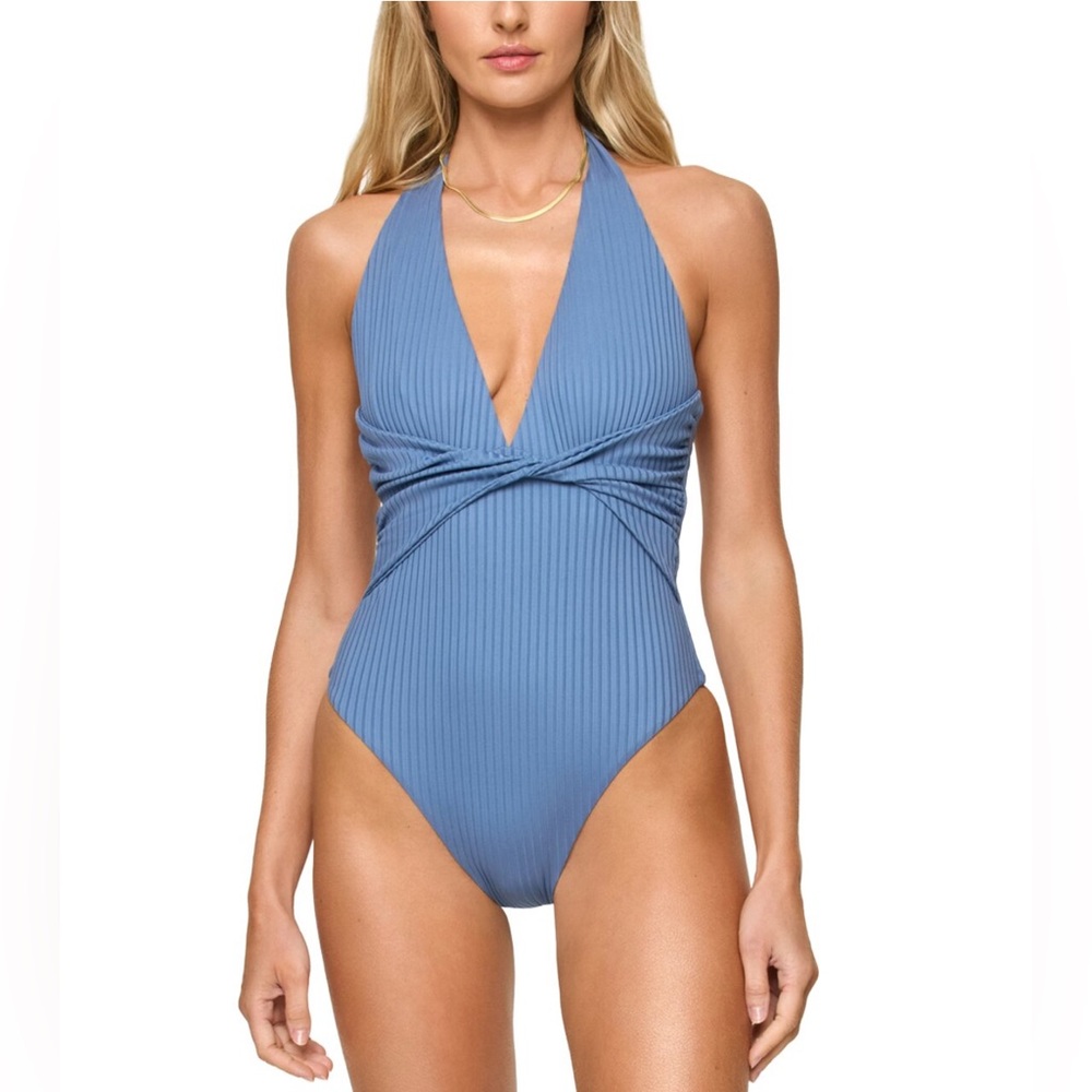 L*Space Coast to Coast Halter One-Piece Swimsuit; Color: Blue; Size: Small